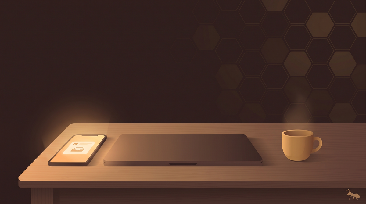 A calm morning desk at dawn with a phone showing a single glowing morning brief